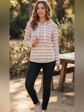 Market & Spruce | Brown Lavender Stripes Brushed Knit Sweatshirt | S